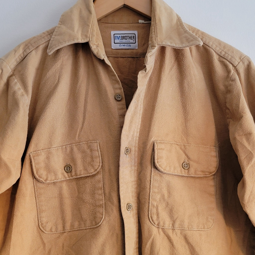 Vintage Five Brothers Shirt Large Tan Chamois Flannel Cotton Button Up 15-M-15.5 - Picture 2 of 11